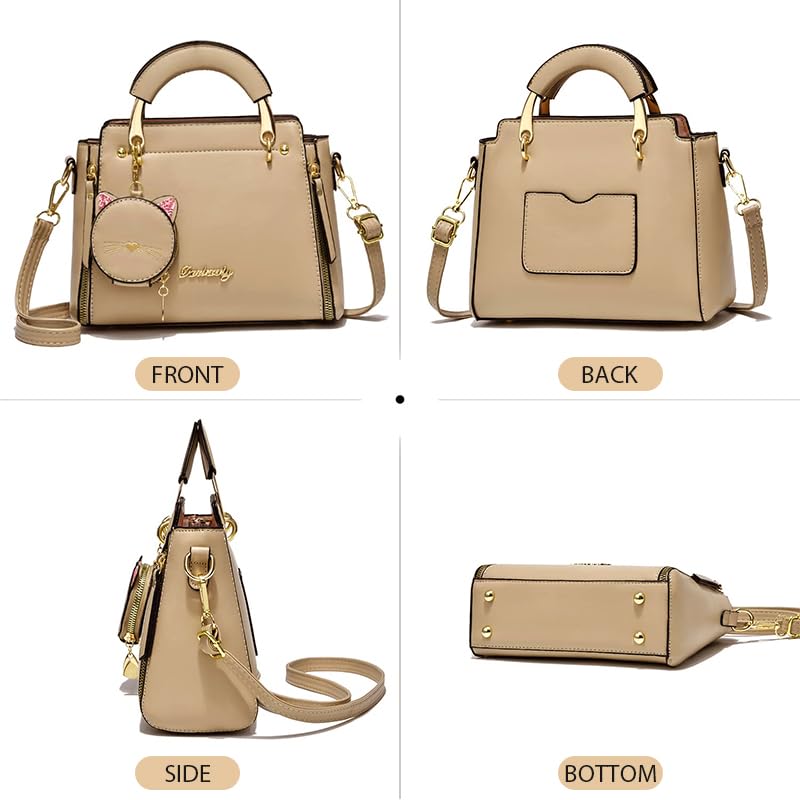 ZIBUYU® Hand Bag for Women Stylish PU Small Tote Bag with Detachable Strap & Cat Ear Pouch, Crossbody Shoulder Bag for Daily Use (Coffee, 24x10x18cm)