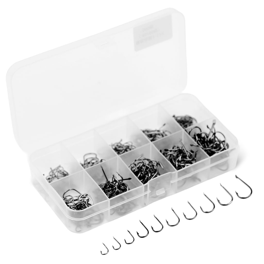 ZIBUYU Fishing Hooks Set for Anglers with 500 pcs in 10 Sizes Featuring Barbed Ringed Eye | High Carbon Steel