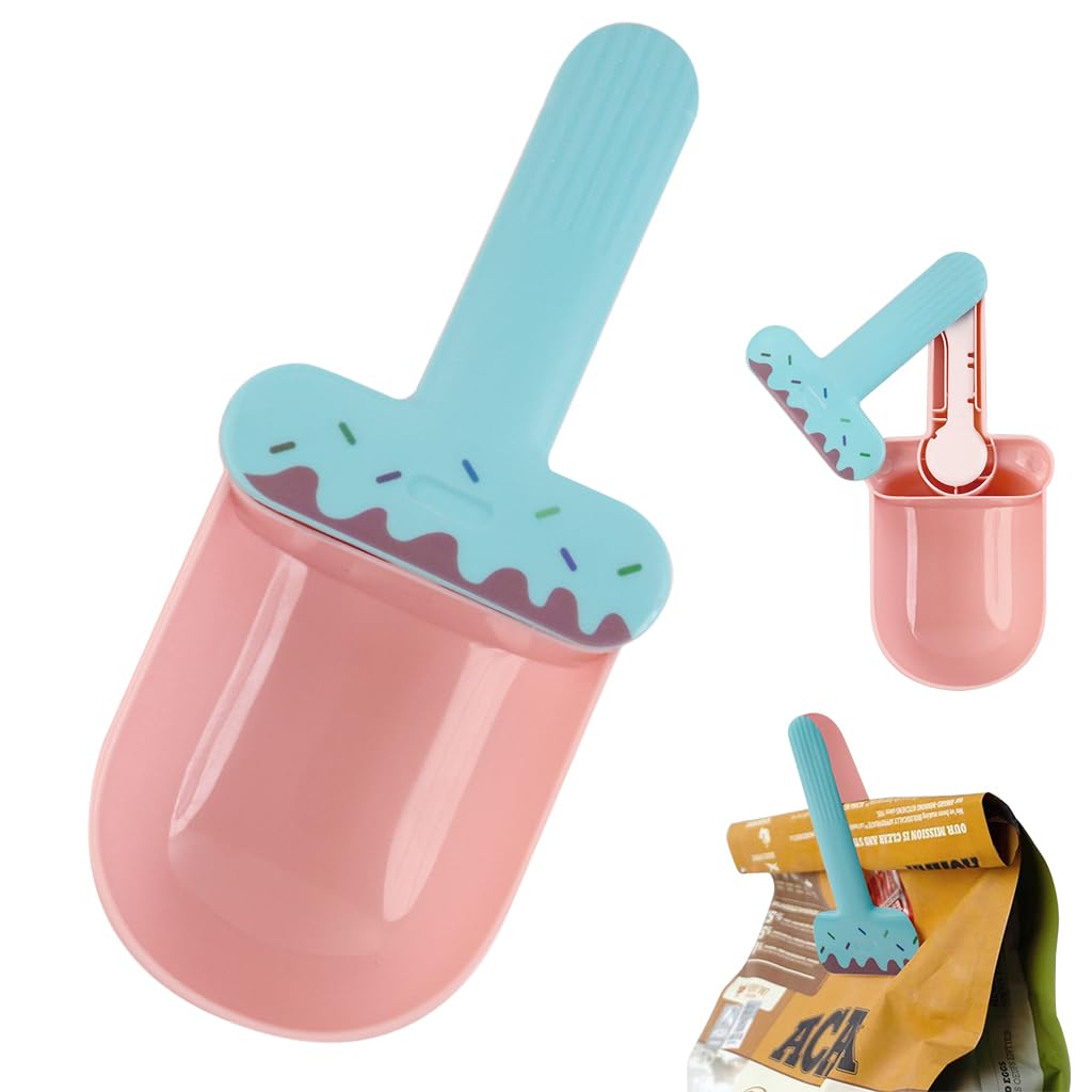 Qpets Dog Food Scoop Set for Cats and Dogs with Sealing Clip Handle and Canning Spoon | Ice Cream Color