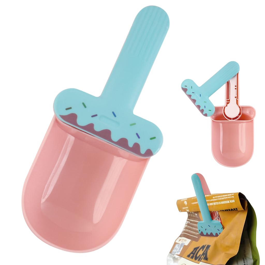 Qpets® Dog Food Scoop, Pet Litter Food Scoop Set with Sealing Clip Handle and Canning Spoon - Pet Feeding Spoon Dry Food and Multipurpose Can Food Scoops for Cats and Dogs - Ice Cream Color