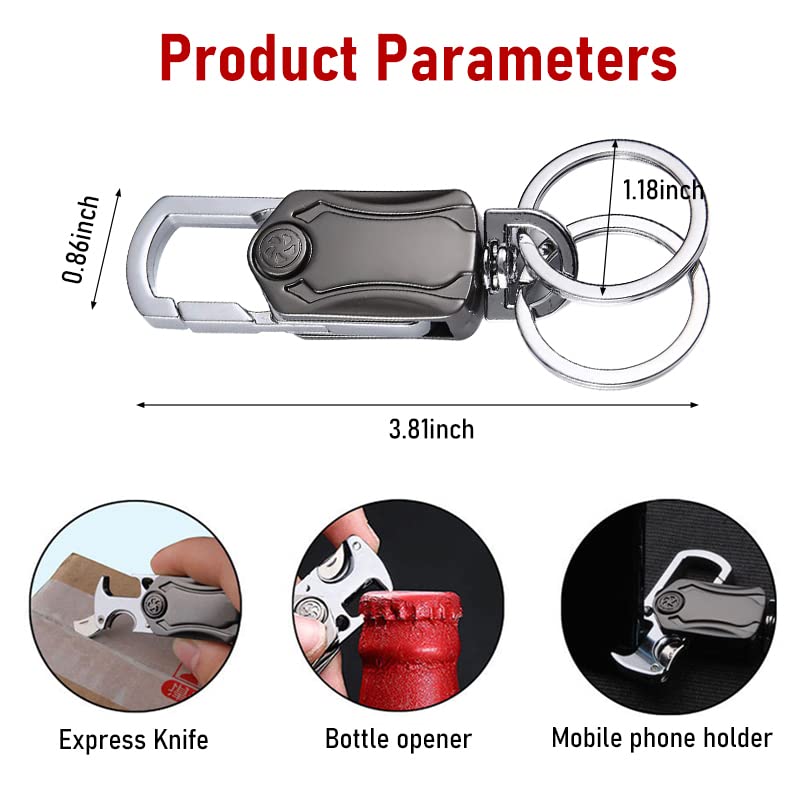 STHIRA® Multifunction Keychain for Men, Dual Ring Metal Car Key Chain with Cutter, Bottle Opener, Mobile Phone Holder, Fingertip Gyro, Outdoor Carabiner Portable Car Key Chain for Men Women