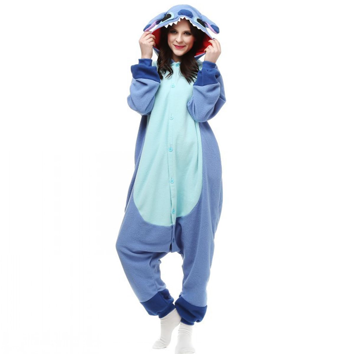 HASTHIP® Sleeping Pajamas for Teens & Adults Cute Stitch Flannel Sleeping Pajamas Stitch Cosplay Hoodie Pajamas Sleeping Pajamas Soft Plush Sleeping Pajamas for Sleepovers Pajamas Party, M