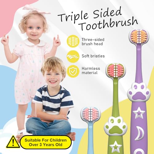 HANNEA® 12PCS Kids Toothbrush Triple-sided for Age 3 Plus Ultra Soft Bristle Brush Designed Deciduous Teeth Cute Lovely Cartoon Cat Palm Handle Child Toddlers
