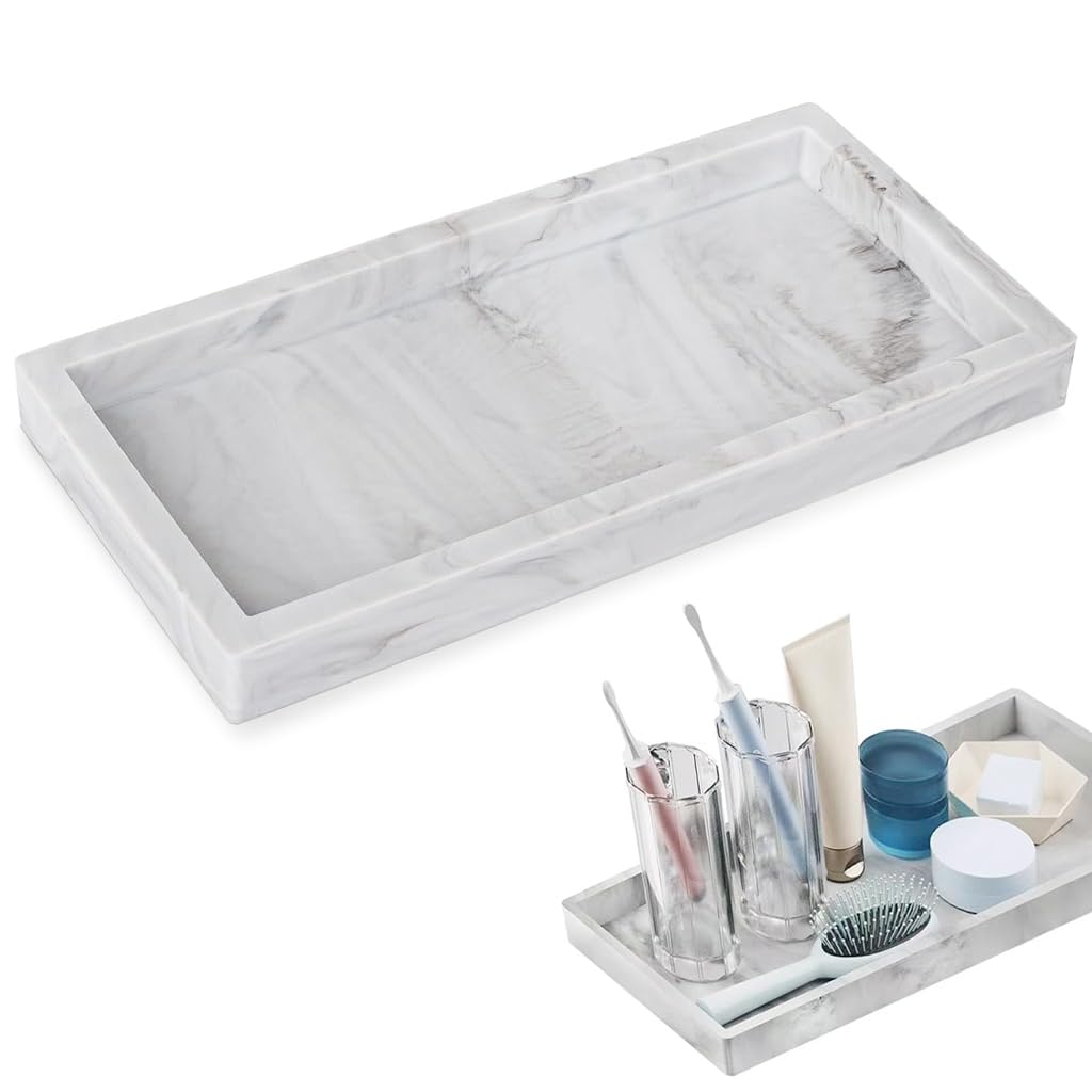 HASTHIP Bathroom Organizer Tray Silicone Jewelry Tray Accessories Holder Storage Tray Wristwatch Holder Fashion Modern Marble Pattern Silicone Jewelry Tray for Bathroom Sink, Dressing Table, 20x10cm
