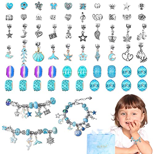 PATPAT® 63pcs DIY Charm Bracelets Kit with Gift Box, Jewelry Making Kit with Bracelet Beads, Jewelry Charms, Necklace Jewelry Making and DIY Crafts for Kids Girls-Blue