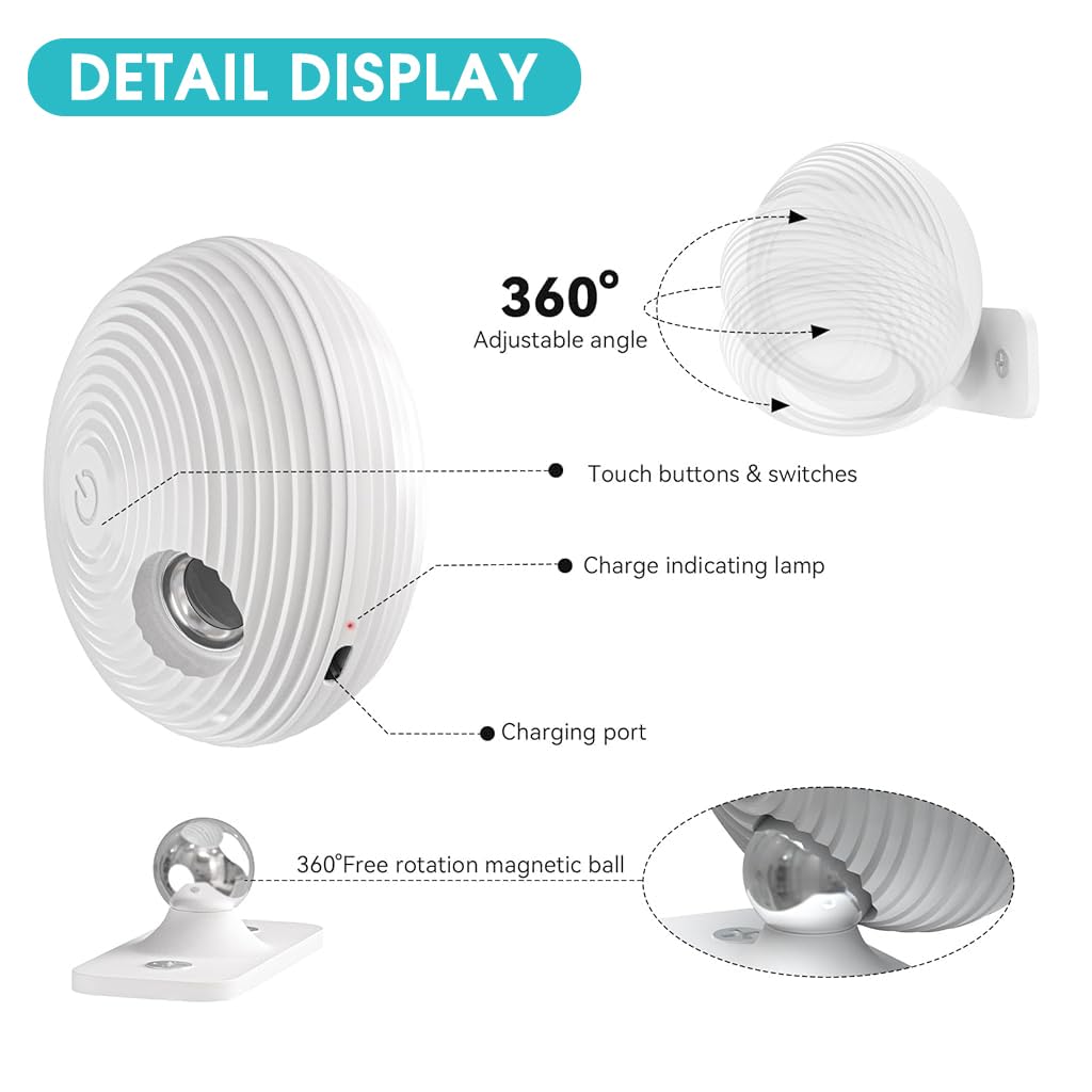 ELEPHANTBOAT USB LED Wall Light for Reading with 360° Magnetic Ball and Touch Control | 2000mAh Rechargeable