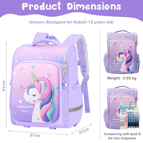 PALAY® Unicorn Backpack for Girls, Water-Resistant, Durable, Large Capacity School Bag for Kids 6-12, Cute Purple Gift for Birthday, Rakhi, Journaling, DIY, Crafts, Planners & More