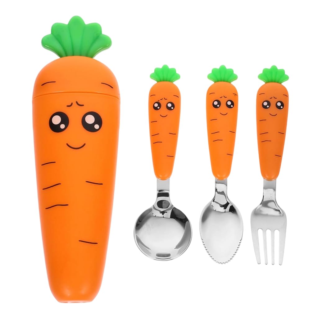 Supvox Spoon and Fork Set for Toddlers with Case featuring Carrot Handles and Serrated Spoon