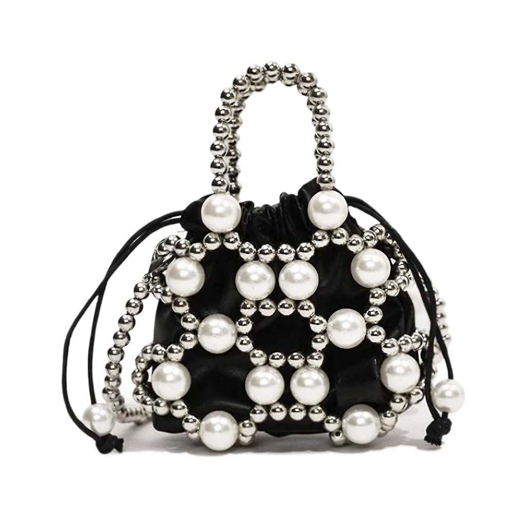 PALAY Small Drawstring Shoulder Bag for Evening and Casual Use with Beaded Chain and White Acrylic Pearl Embellishment 14x16cm