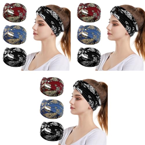 MAYCREATE® Head Band for Women 9PCS Knotted Hair Bands Flower Print Fashion Stretchy Makeup Running Yoga Fitness
