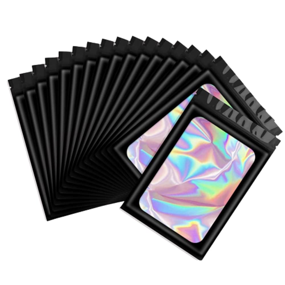 HASTHIP Smell Proof Mylar Bags for Food and Jewelry with Tight Zip Seal 100 Pcs 7.5x12cm | Black and Holographic Design