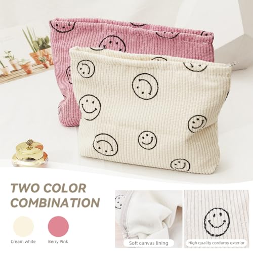 ZIBUYU® 2-Piece Makeup Pouch for Women Utility Zipper Fashion Smile Face Print Corduroy Bag Small 25x18cm 3PCS
