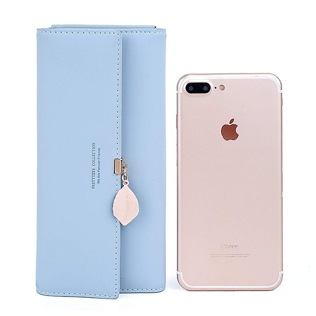 PALAY® Womens PU Leather Long Wallet with Leaf Pendant Card Holder Phone Pocket Girls Zipper Coin Purse Blue 2PCS