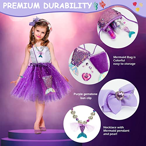 SANNIDHI® Mermaid Kids Jewelry Set Cute Pearl Necklace Bracelet for Girls Included Sling Bag Hair Bow Ring Earrings Princess Kit Theme Party Dress Up Christmas Gift 2PCS