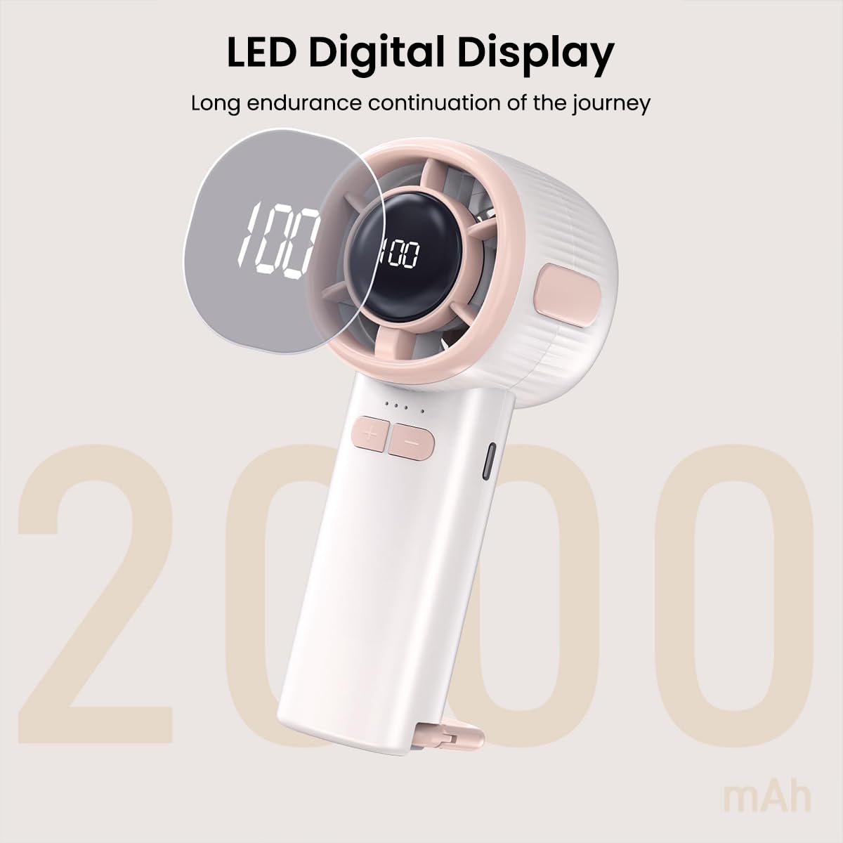 Verilux USB Handheld Fan for Travel and Hiking featuring Stepless Airflow with Digital Display