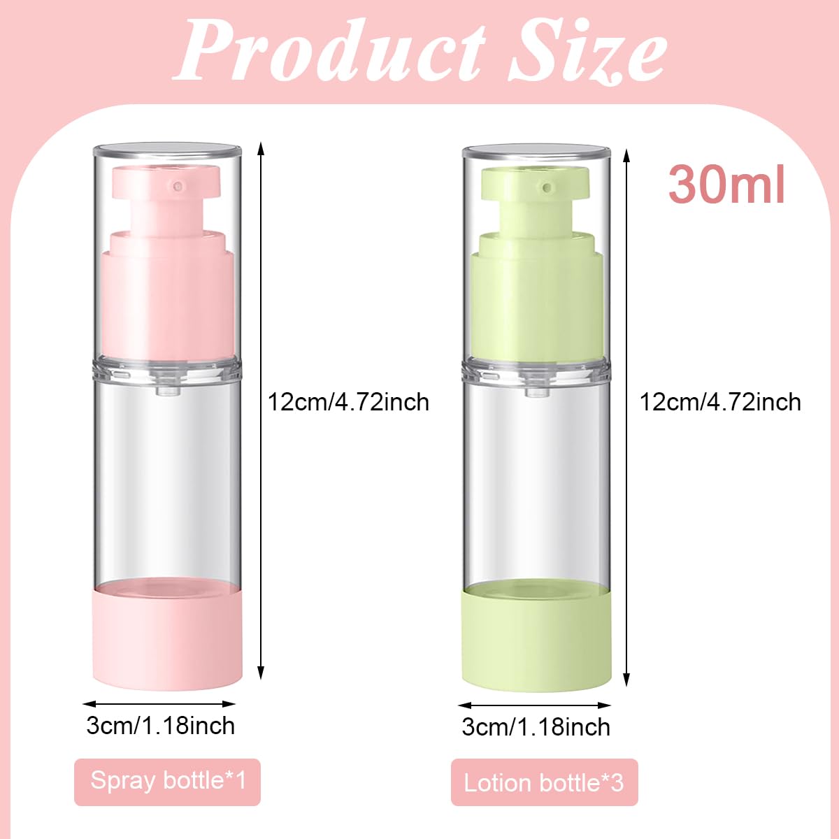 MAYCREATE Airless Pump Bottles for Travel Toiletries with 30ml Capacity and Leak-Proof Lids | Featuring Color Squeeze Nozzle Design
