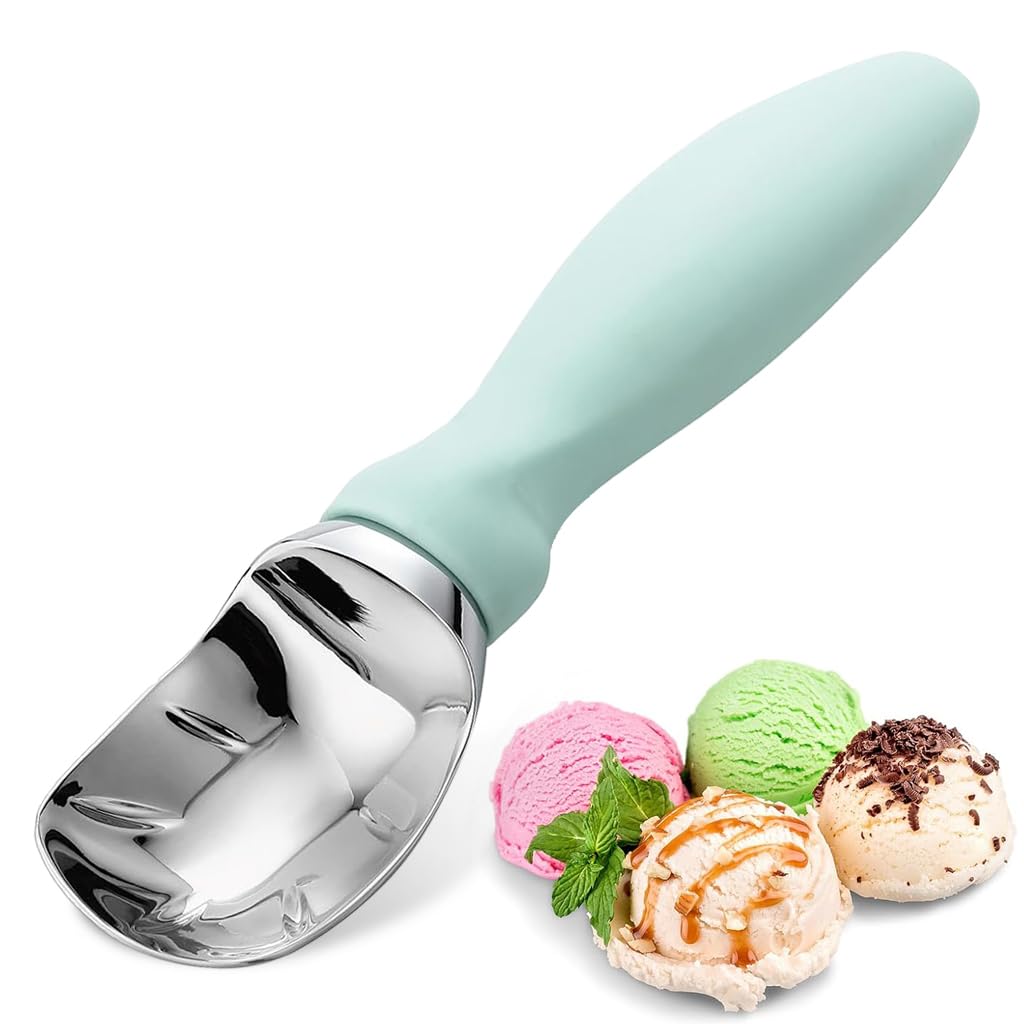 HASTHIP® Heavy Duty Ice Cream Scoop, Professional Metal Ice Cream Spoon with Anti-Slip Handle, Kitchen Tool Stainless Steel Ice Cream Scooper for Gelato, Sorbet, Cookie Dough (Mint)