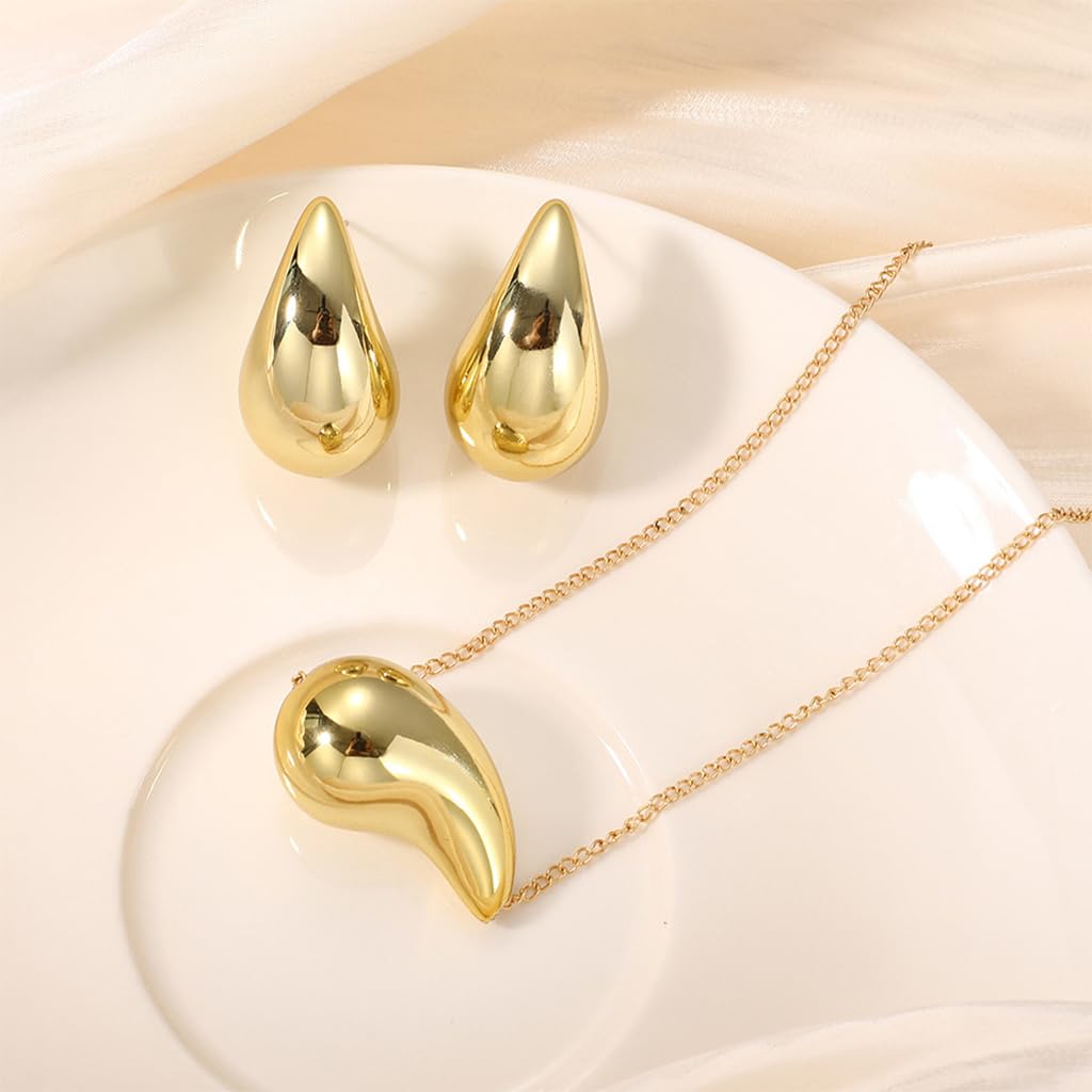 SANNIDHI Gold Necklace Set for Women Stylish Teardrop Studs Earrings Lightweight Aolly Water Drop Pendent Necklace Jewellery Set Birthday Gift for Women and Girls - 3 Pcs