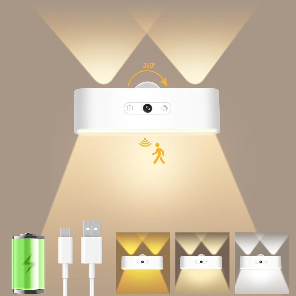 HASTHIP® USB LED Wall Light Smart Motion Sensor Light 3-Color LED Cordless Magnetic Modern Wall Light 2400mAh Rechargeable LED Wall Light for Bedroom, Corridor, Wardrobe