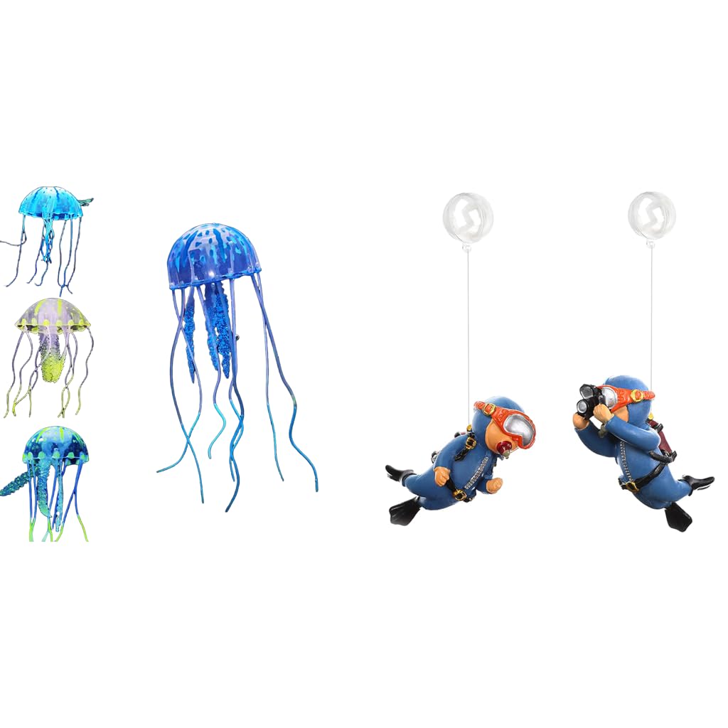 Qpets® Aquarium Decor Combo – 3 Pcs Fluorescent Silicone Jellyfish Ornaments & 2 Pcs Floating Cartoon Diver Resin Decorations for Fish Tank, Artificial DIY Fish Aquarium Accessories Set