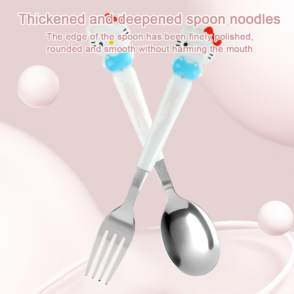 Supvox Cute Kitty Charm Spoon & Fork Combo Set for Kids and Adults 7.87 in | Stainless Steel with Storage Case