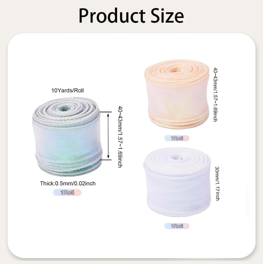 ZIBUYU Organza Ribbon for Gift Wrapping with Iridescent Sheer Finish 3 Rolls 30 Yards | Multicolor Craft Decoration