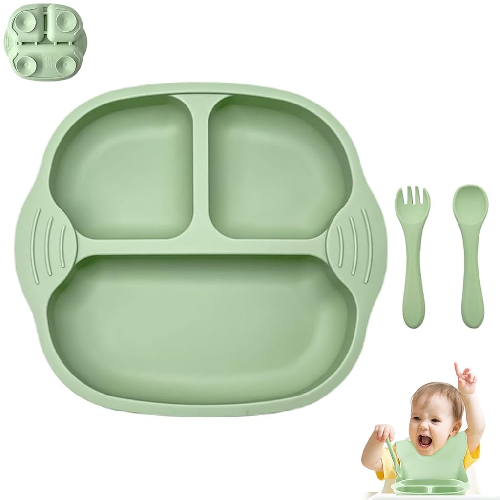 SNOWIE SOFT® Baby Suction Plates for Baby Feeding with 4 Strong Suction Cups, Silicone Toddler Plates with Spoon & Fork for Kids to Feed Themselves, Dish Washer & Micro-Wave Oven Safe