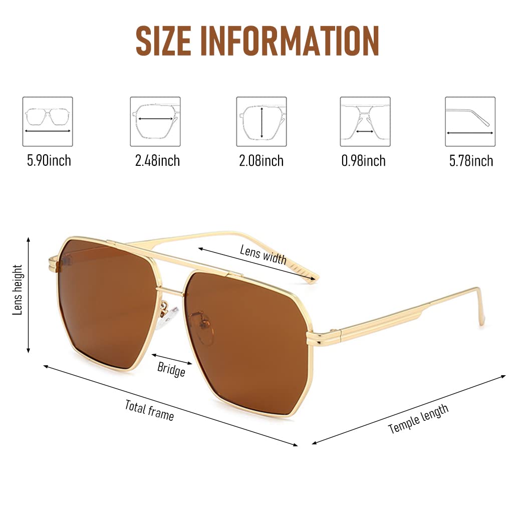 GUSTAVE Stylish Polygon Polarized Sunglasses for Men Retro Oversized Metal Frame UV400 Polarized Sunglasses Vintage Brown Lens Sunglasses Metal Sun Glasses Sun Glare Glasses for Men