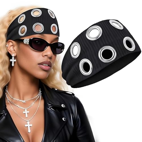 SANNIDHI® Headband for Women Hollow Out Eyelets Elastic Headbands Y2K Punk Grunge Fashion Wide Headpiece Grommet Fashionable Eyelet Design Headbands Black Eyelets Elastic Stretchy Casual Hair Headband