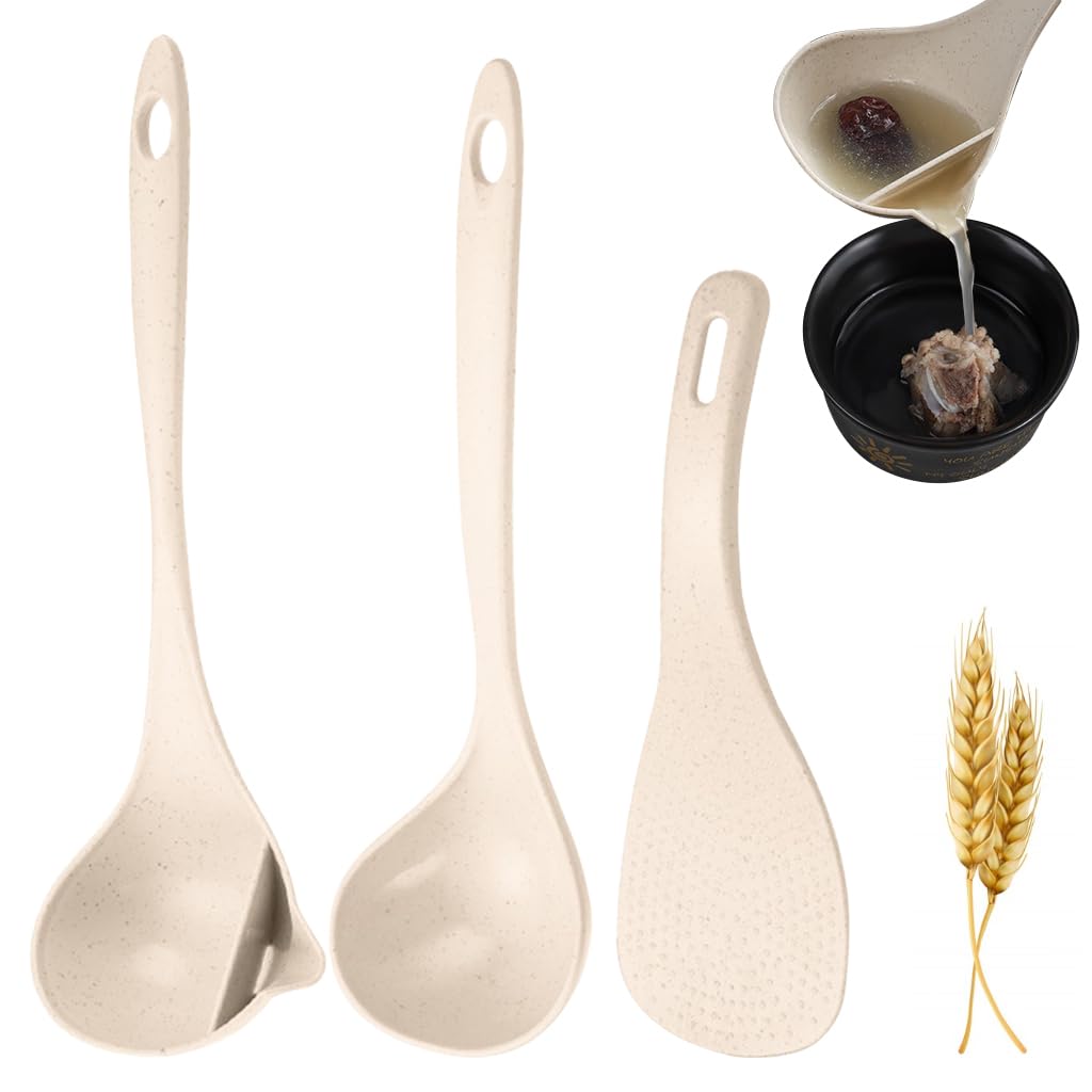 Supvox Kitchen Spoon Set for Soup and Rice 3 Pcs with Grease Separation Design | Wheat Straw