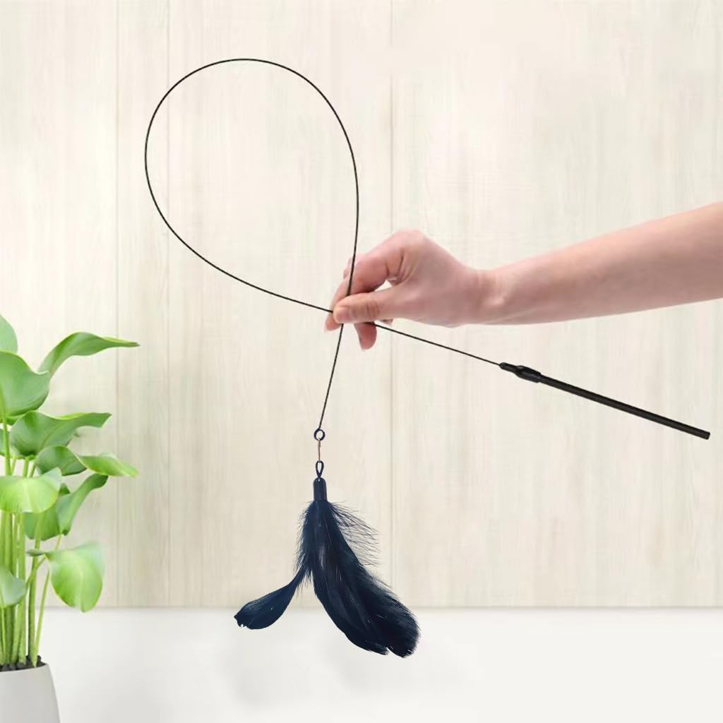 Qpets Cat Teaser Wand with Suction Cup featuring Fiberglass Rod and Feather Bell Toy for Indoor Cats 3 PCS