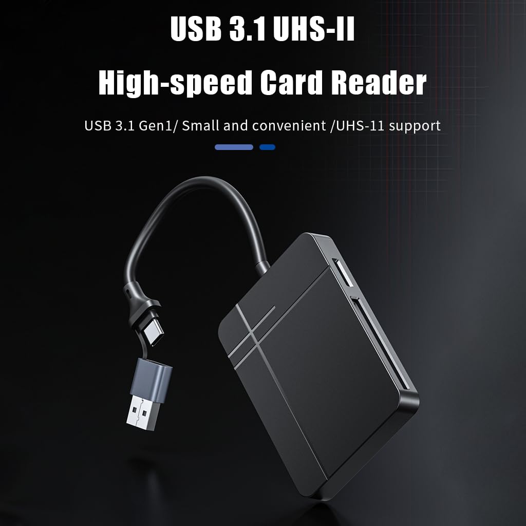 Verilux USB Card Reader for UHS-II SD TF CF MS Cards with Dual USB C and 3.0 Ports | 5Gbps 4-in-1 Design