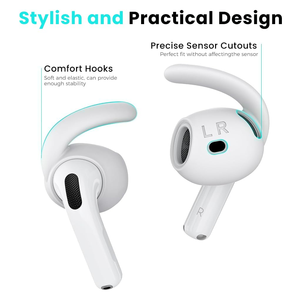 ZORBES Ear Hooks for AirPods 4th Generation with Anti Slip Design and 3 Pairs S M L Silicone Covers | White