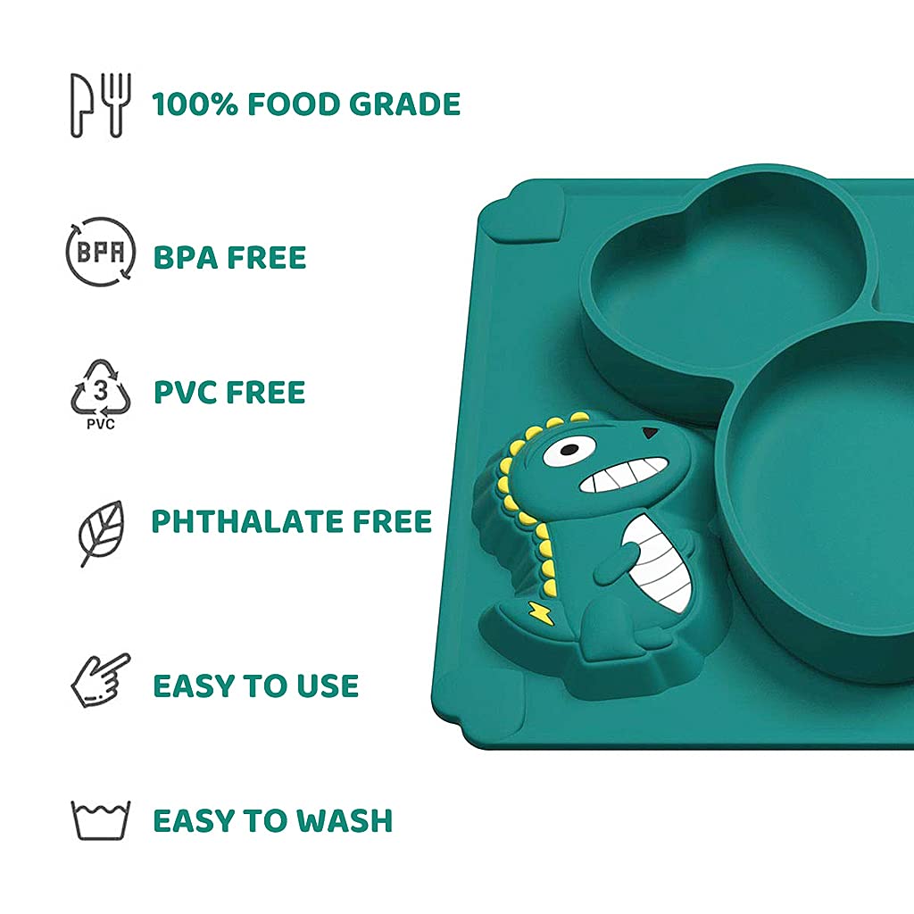 SNOWIE SOFT Baby Suction Plates for Feeding with 3 Divided Deep Sections and Cute Dinosaur Design | BPA Free Silicone Mat for Toddlers