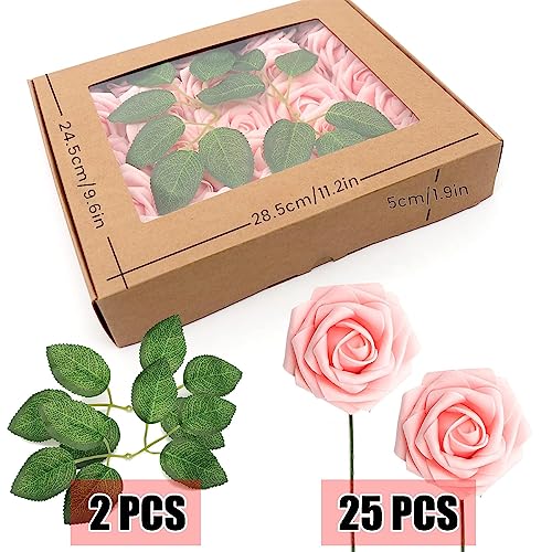 HASTHIP 25pcs Roses Artificial Flowers Box Set, Foam Pink Fake Roses with Stems for DIY Wedding Bouquets Centerpieces Arrangements Party Baby Shower Home Decorations