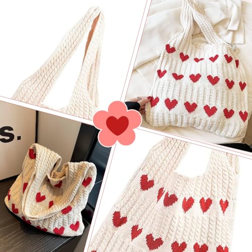 ZIBUYU® Crochet Heart Tote Bag for Women and Girls Y2K Aesthetic Knit with Plush Charm Soft Spacious Hippie Beach Cream Red Hearts Ideal Work School Casual 3PCS