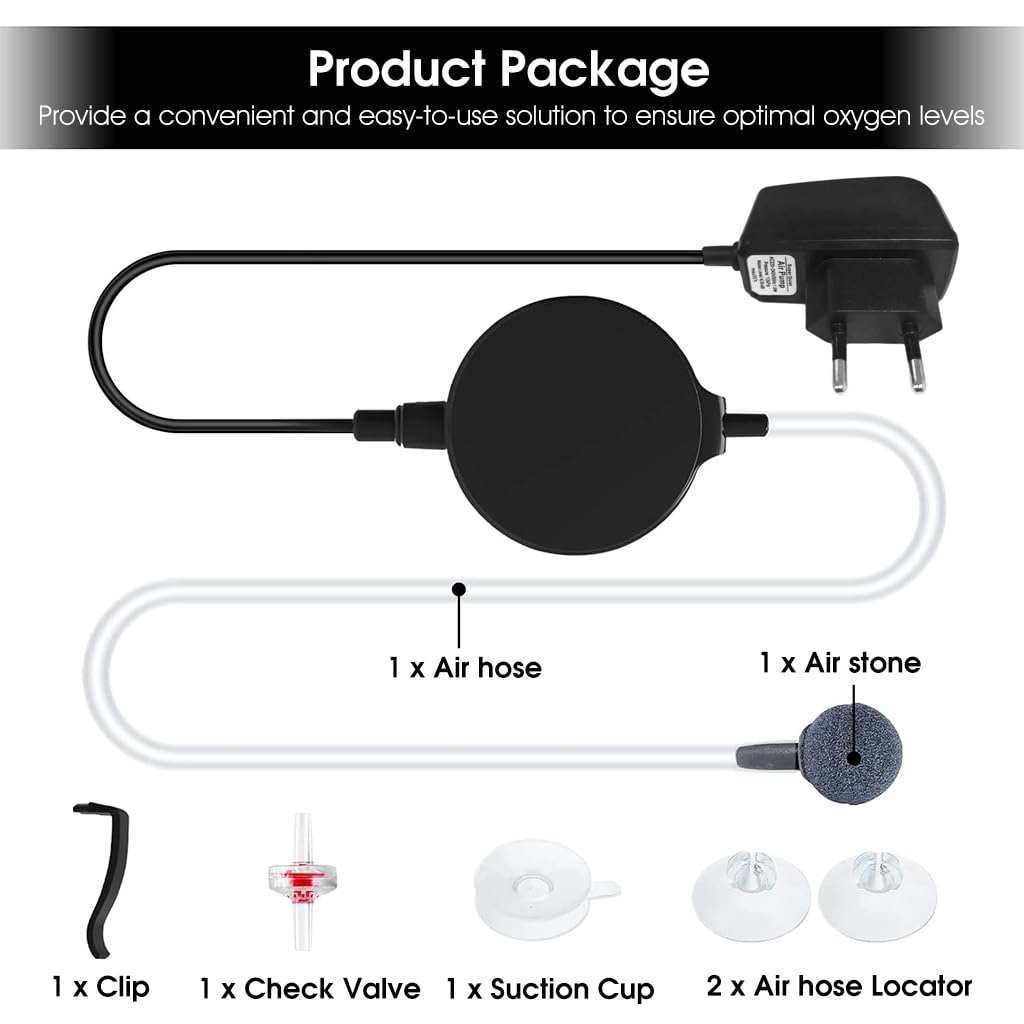 Qpets aquarium air pump for fish tank with 0.5L/min flow & ultra quiet motor | suction cup and clip installation