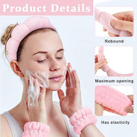 MAYCREATE® Spa Headband Wristband for Women Girls Face Washing, Facial Skincare Headband Sunflower Sponge Makeup Hairband Wrist Washband Combo Set - Pink