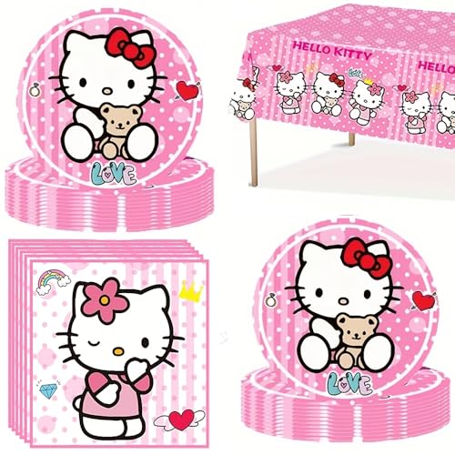 Supvox® Party Supplies, 20Pcs 7'' Pink Cartoon Kitty Party Cake Plates, Table Cloth & Tissue Papers, Single Use Party Supplies for Birthday, Themed Party, Gathering