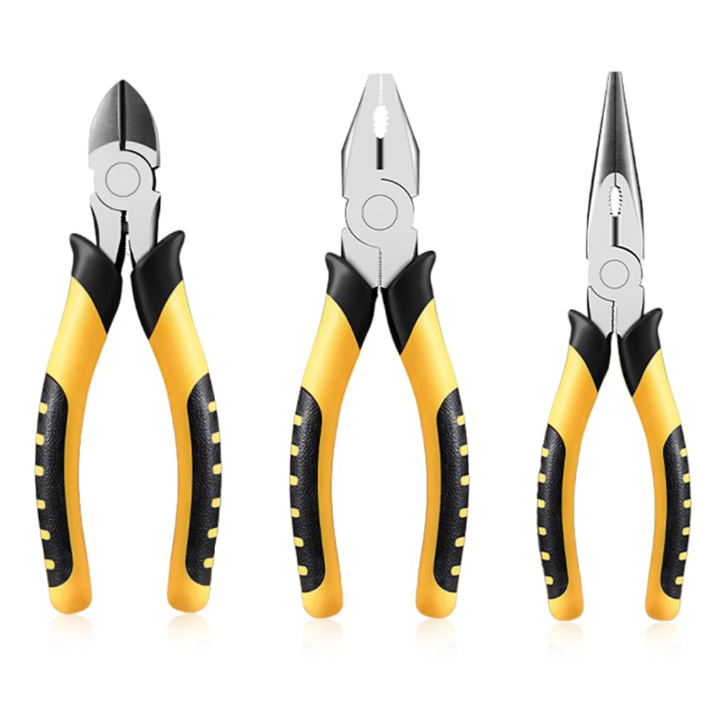 Serplex® 6'' Pliers Tool Set of 3Pcs Pliers Needle-nose Plier Combination Plier Side Cutter Rubberized Anti-slip Handle Design Multi-purpose Pliers for Electrical Work, Automotive Repair, Crafts