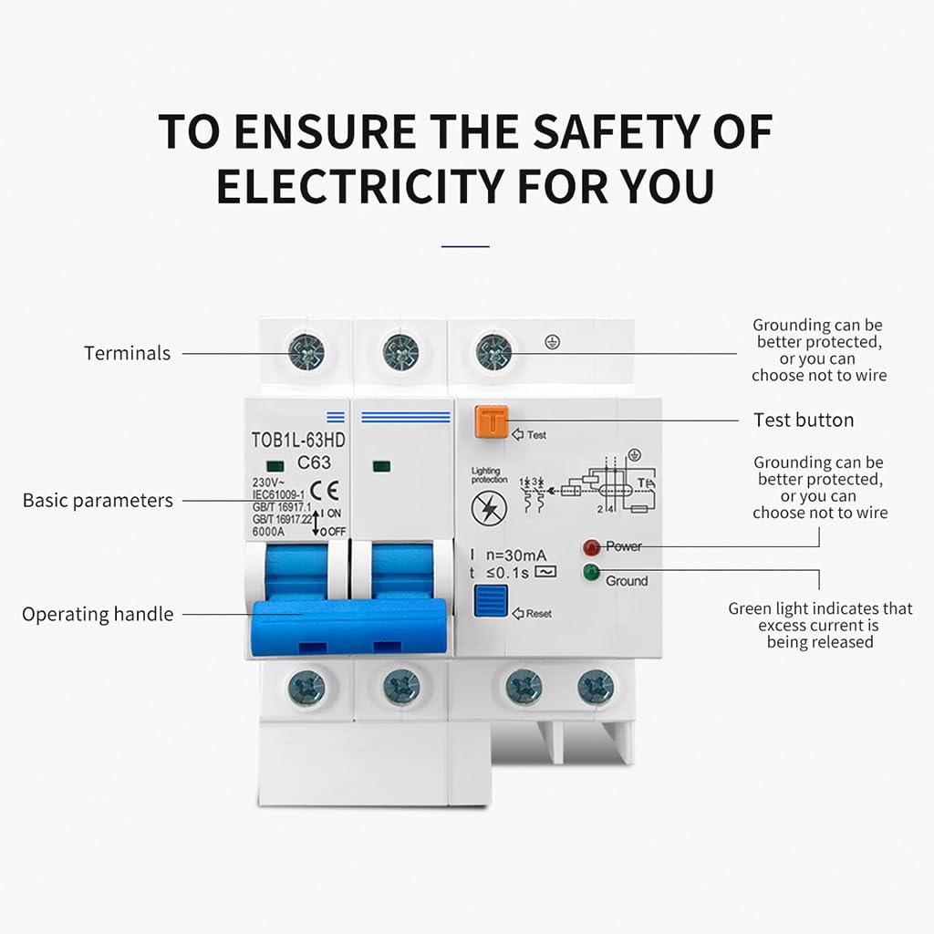 Serplex® 63A Circuit Breaker Switched Circuit Breaker with Surge Protector RCBO MCB with Leakage/Lightning Protection Wiring Circuit Breaker, Safe Flame Retardant PC Circuit Breaker