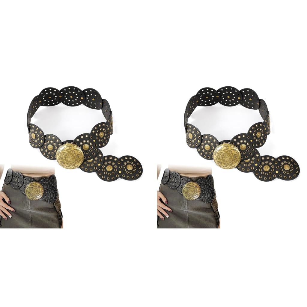 SANNIDHI Women Leather Belt for Dresses and Jeans with Round Disk Concho Design | 2PCS Black Vintage Boho Style