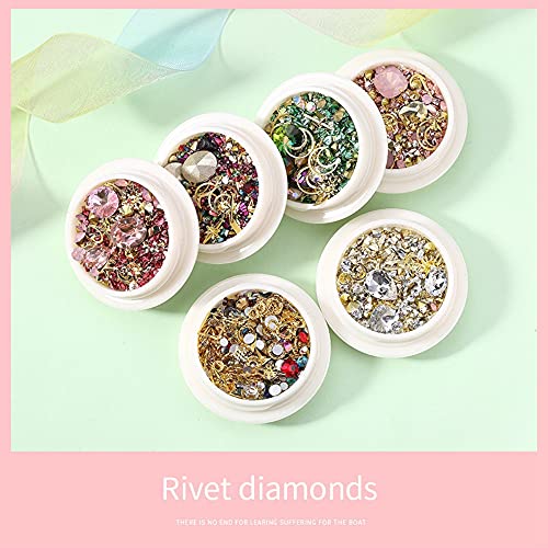 HANNEA® 6 Boxes Mixed Nail Art Rhinestones Diamonds Crystals Beads Gems With Tweezer for 3D Decoration Supplies White 2PCS