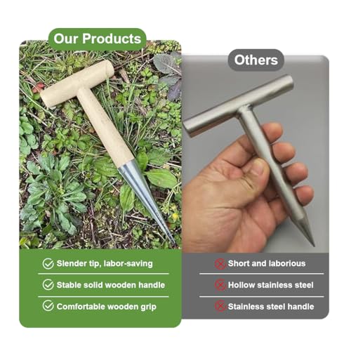 HASTHIP® T-Handle Dibber 10'' Wooden Handle Dibber, Metal Tipped Seed Planter Garden Hole Punch Tool Seedling Hole Maker