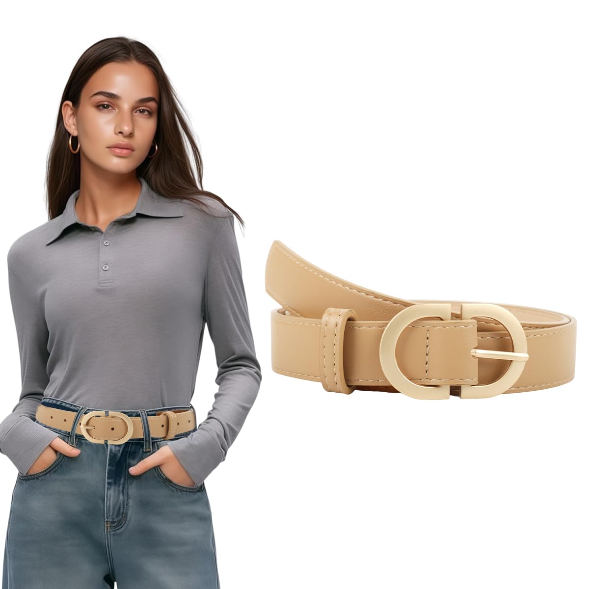 SANNIDHI Ladies Belt for Jeans and Dresses featuring Tuck and Pin Closure with Gold Buckle | 105cm Khaki PU Leather Slim Fit