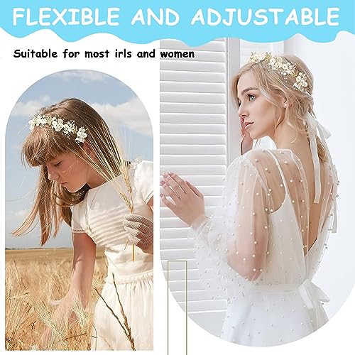 Venzina® Flower Crown for Girls Pearl Crystal Tiara Crown Hairband for Girls Women Stylish Floral Princess Hair Band for Girls Kids, Gold Party Dress Up Wedding Bridal Headband