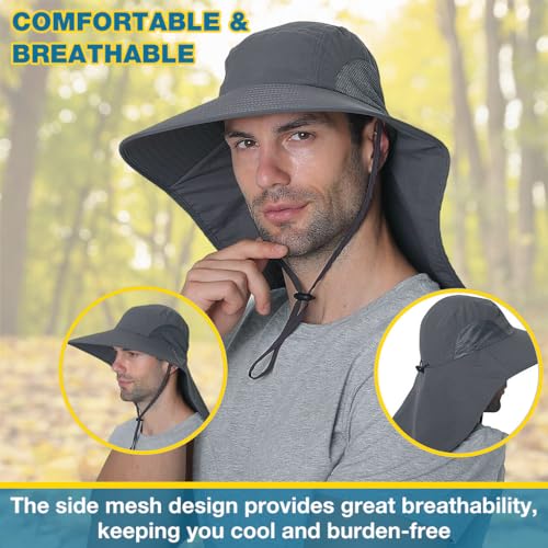 GUSTAVE® Sun Hat for Men Fashion Wide Brim UV Protection Cowboy Hats Neck Flap Design Adjustable Windproof Chin Strap Unisex Breathable Cap for Hiking Fishing Gardening 3 PCS