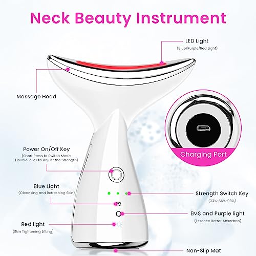 HANNEA® EMS Beauty Machine Anti-aging Neck Massager 3 in 1 Anti Wrinkles Face Massager EMS Micro-current Neck Massager Remove Double Chin Tighten Facial Contour Prevent Wrinkles, White