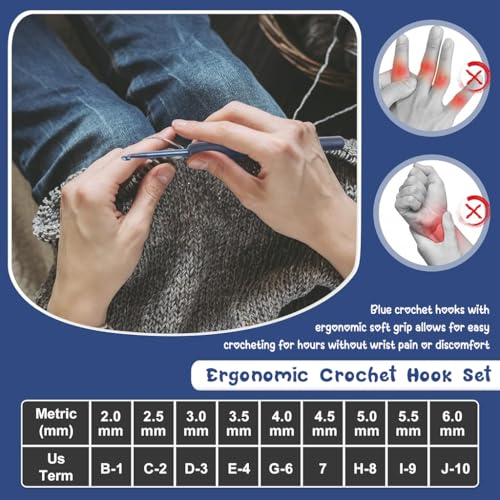 ZIBUYU® Crochet Set 18PCS Aluminum Flower Embroidery Kit for Beginners 2.0mm-6mm TPR Rubberized Handle DIY Tailoring Accessories Projects Dark Blue