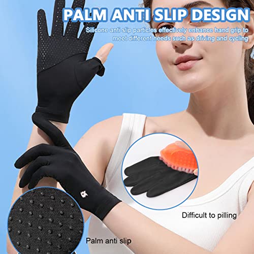 PALAY® Sun Protection Gloves for Women Non-Slip Touch Screen Breathable Silk Cooling Outdoor Full Finger Gloves for Cycling Driving Fishing Black Snap Button Closure X2